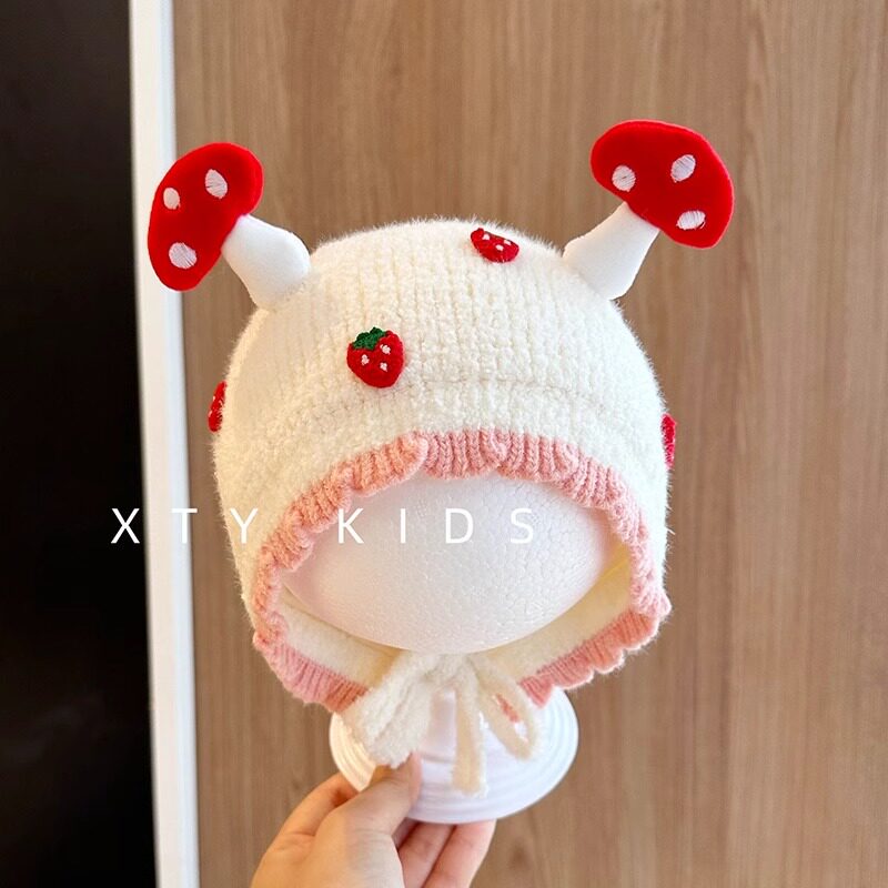 婴幼儿帽子秋冬新款可爱小草莓保暖宝宝护耳帽韩版超萌婴儿毛线帽