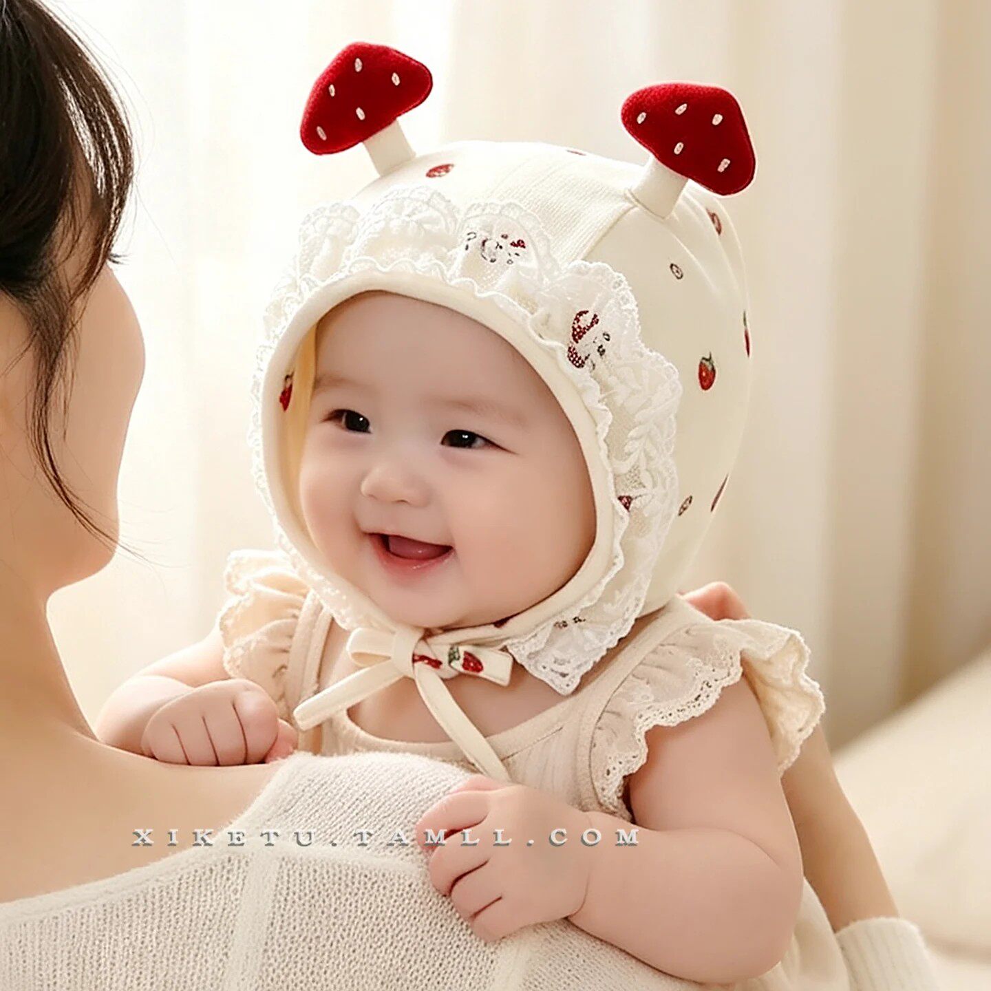 婴儿帽子秋冬女宝宝蕾丝花边护耳帽小月龄甜美保暖防风针织包头帽
