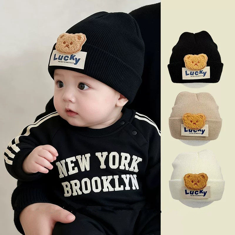 婴儿帽子秋冬款男女宝宝字母lucky小熊针织毛线保暖防风套头胎帽