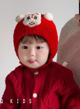 红色新年帽婴儿帽子秋冬季宝宝护耳帽男女童套头帽保暖加厚小月龄