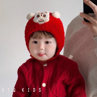 红色新年帽婴儿帽子秋冬季宝宝护耳帽男女童套头帽保暖加厚小月龄