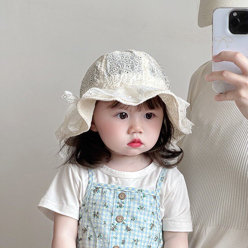 宝宝帽子春夏款渔夫帽可爱韩版蕾丝花边公主帽婴幼儿遮阳帽防晒帽
