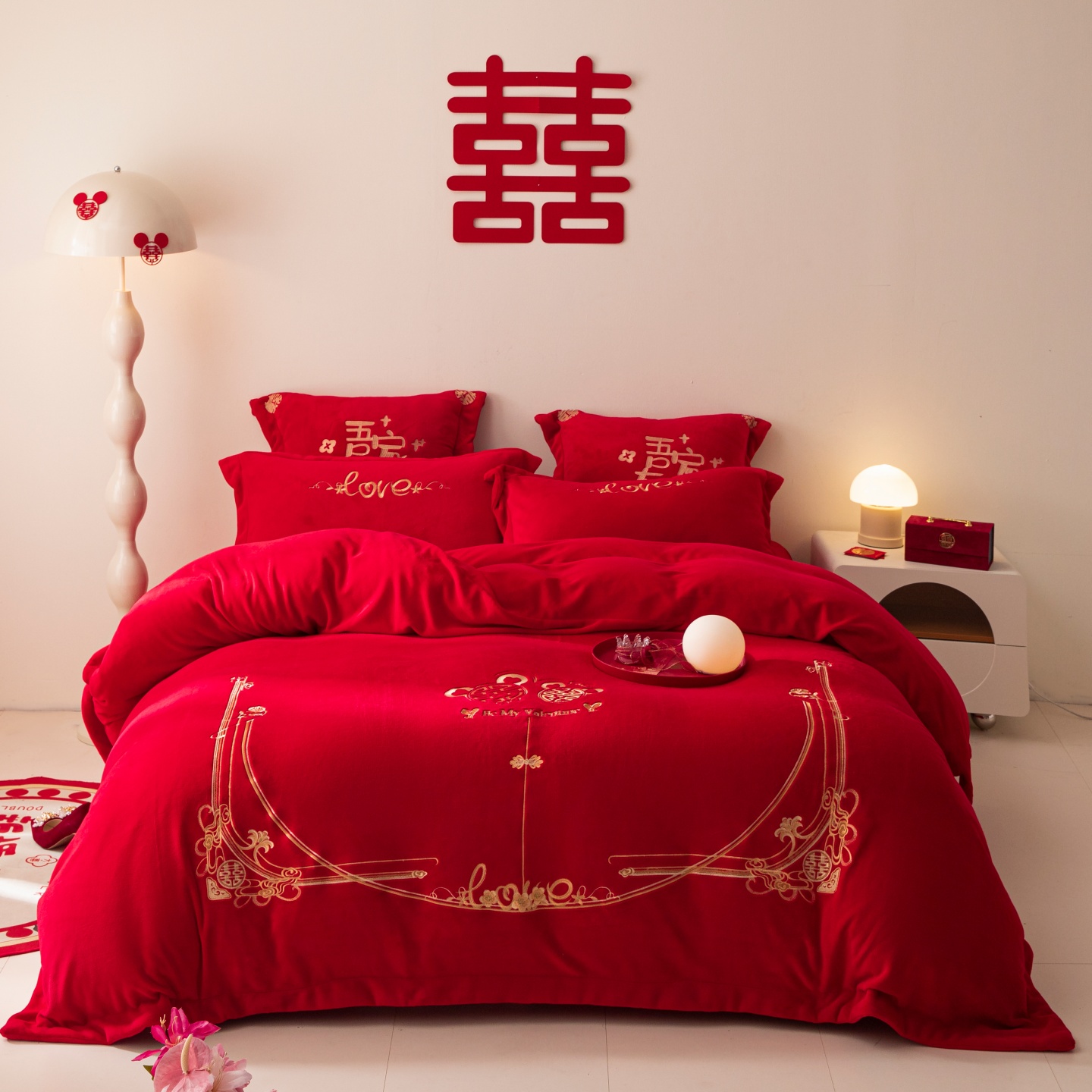 牛奶绒婚庆刺绣四件套