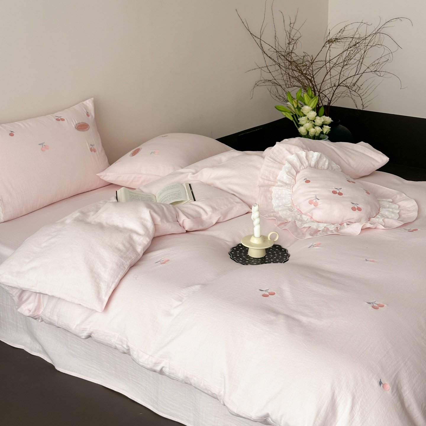红花车全棉双层皱皱纱四件套樱桃刺绣粉色少女心被套床单床上用品,床上用品,床品套件/四件套/多件套,淘宝优惠券,粉丝福利购,淘宝优惠卷