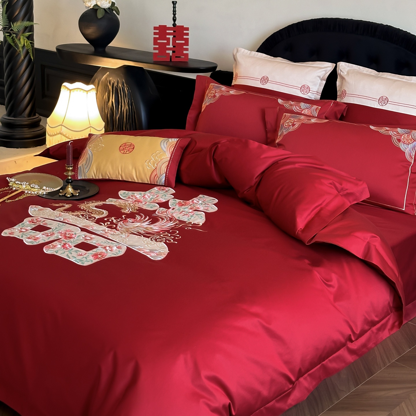 红花车全棉中式婚庆长绒棉四件套浪漫龙凤囍大红被套喜庆结婚套件