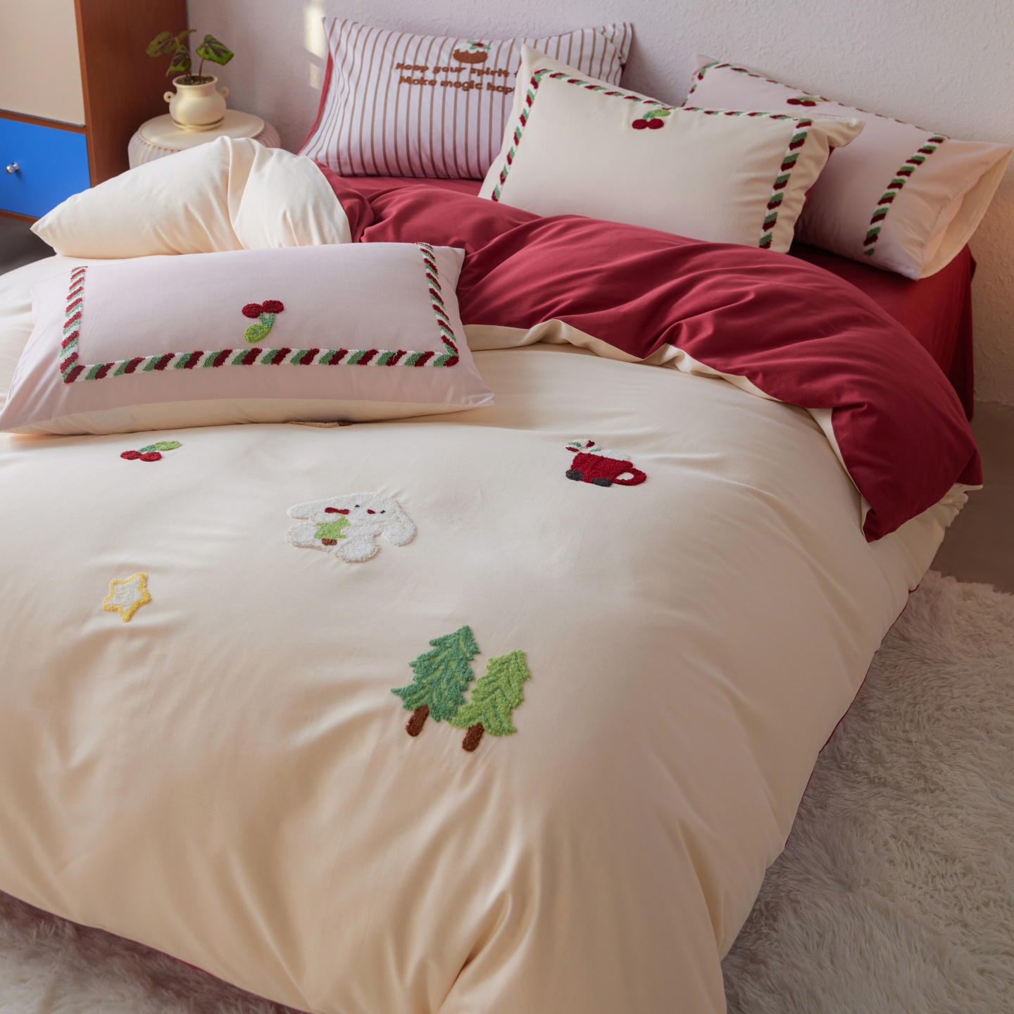 红花车毛巾绣全棉磨毛四件套