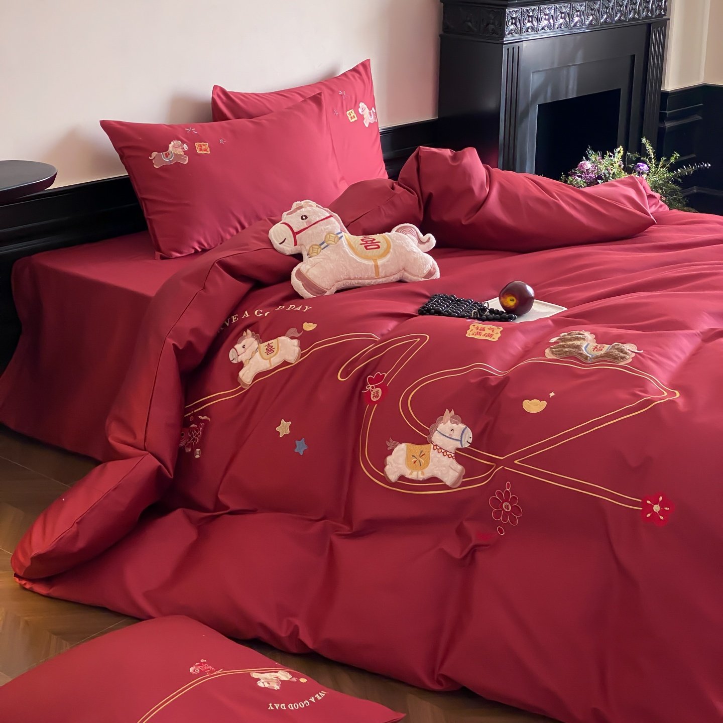 ROLAND LIVE长绒棉刺绣婚庆四件套红色喜庆过年铺床全棉床上用品