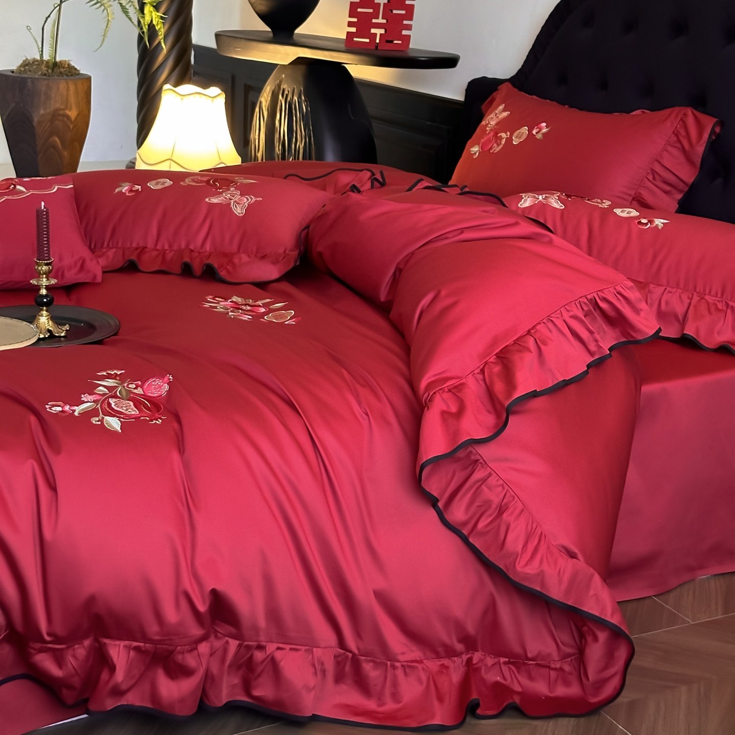 ROLAND LIVE长绒棉婚庆四件套荷叶花边全棉被套床单红色喜庆床品,床上用品,婚庆床品套件,淘宝优惠券,粉丝福利购,淘宝优惠卷