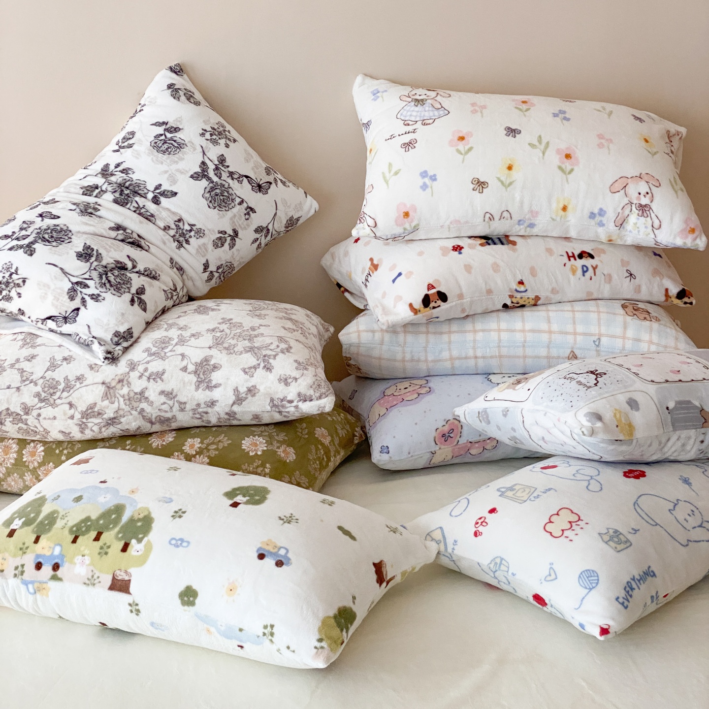 红花车秋冬加厚牛奶绒枕套