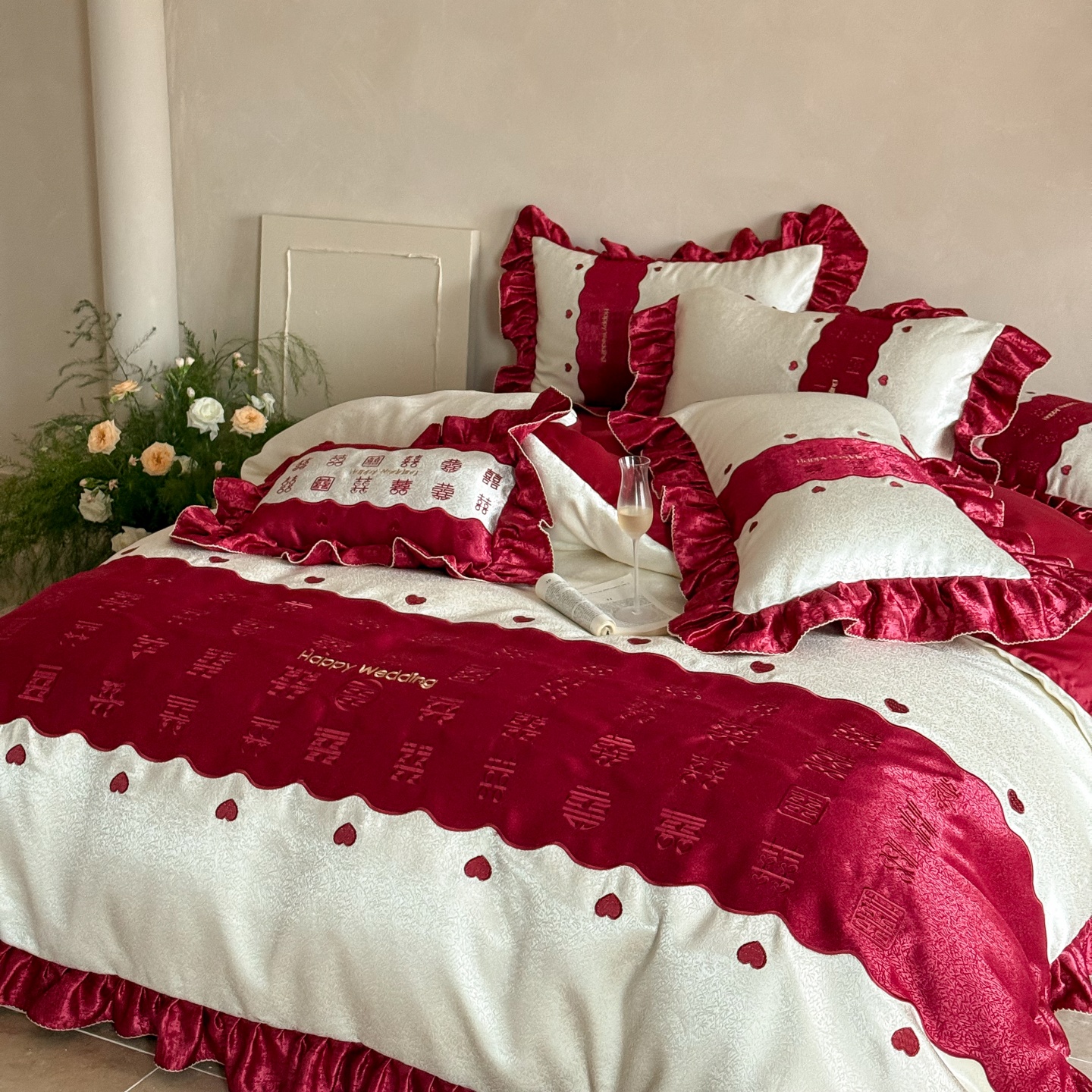红花车法式公主风长绒棉四件套A版柔丝棉B版长绒棉被套喜庆套件