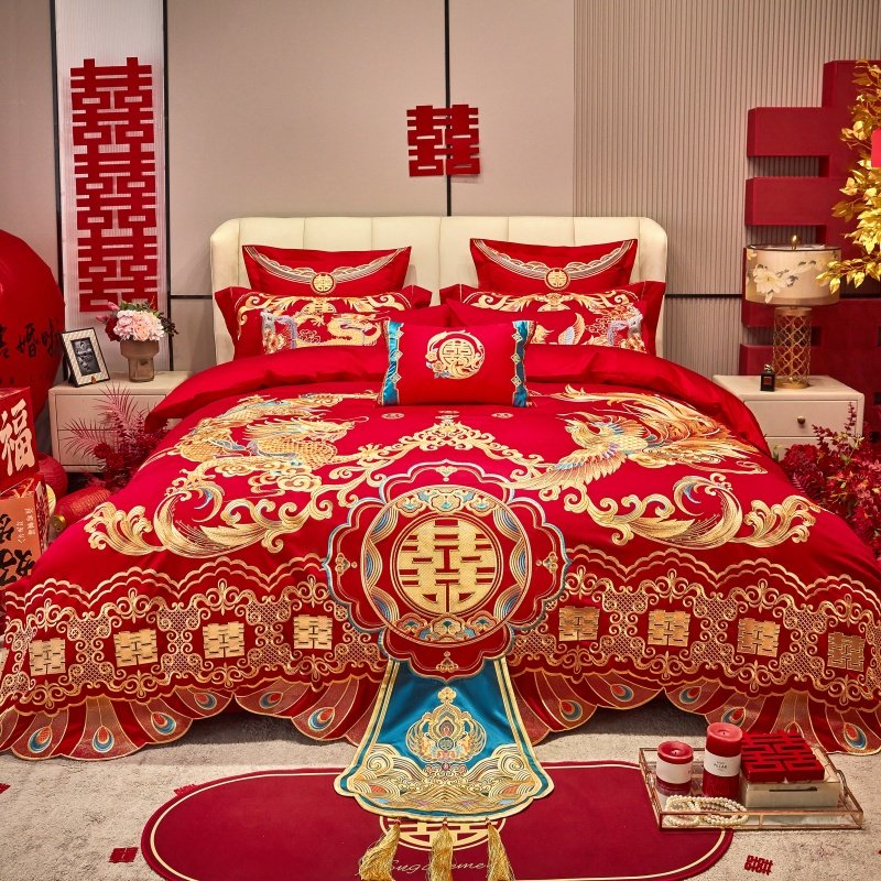 全棉婚庆刺绣四件套红色喜庆结婚铺床多件套新婚床上用品