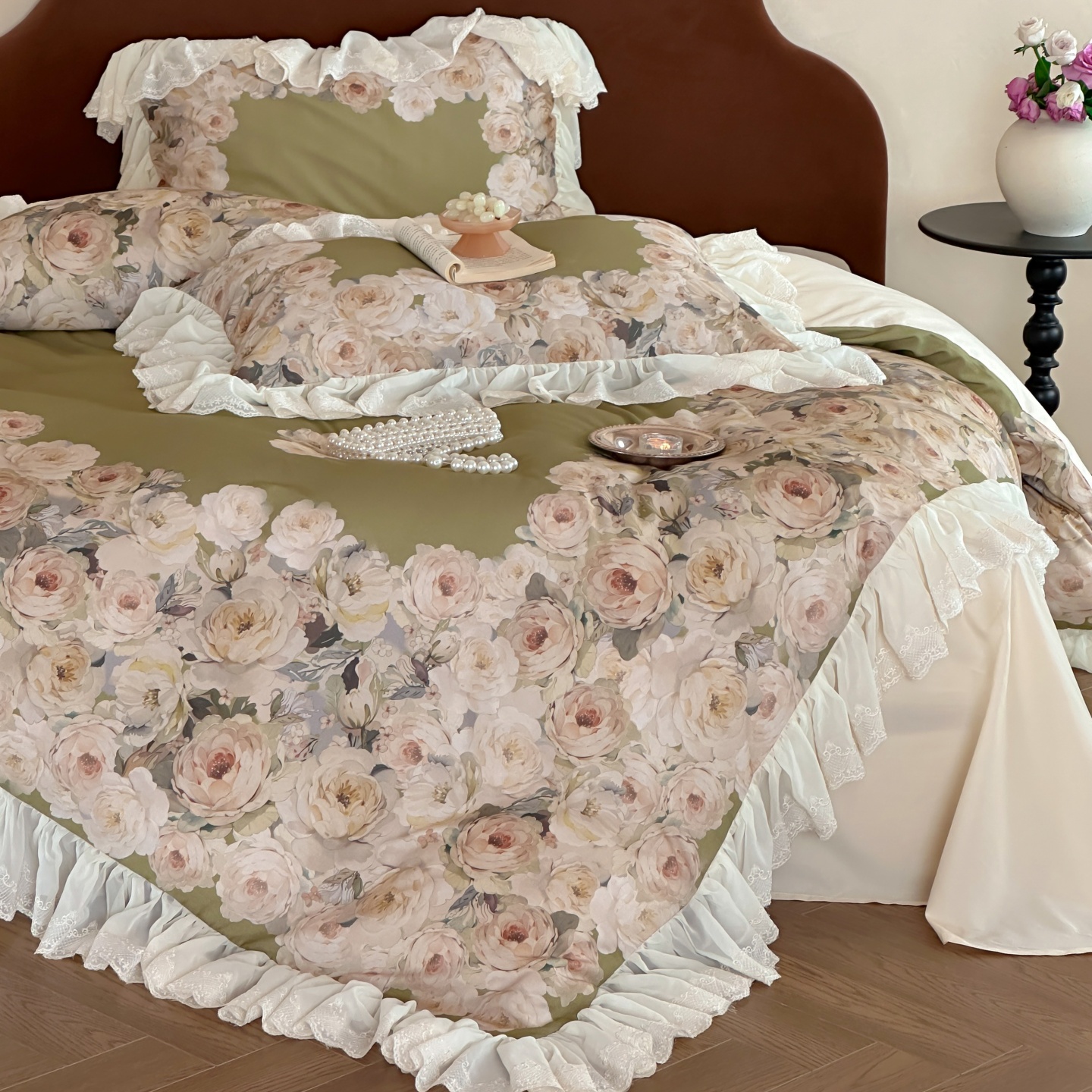 红花车天丝棉磨毛印花四件套法式花边公主风被套床单家用床上用品