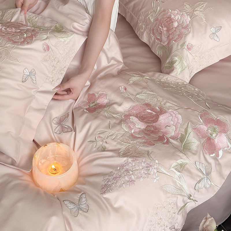 红花车少女心100S长绒棉四件套