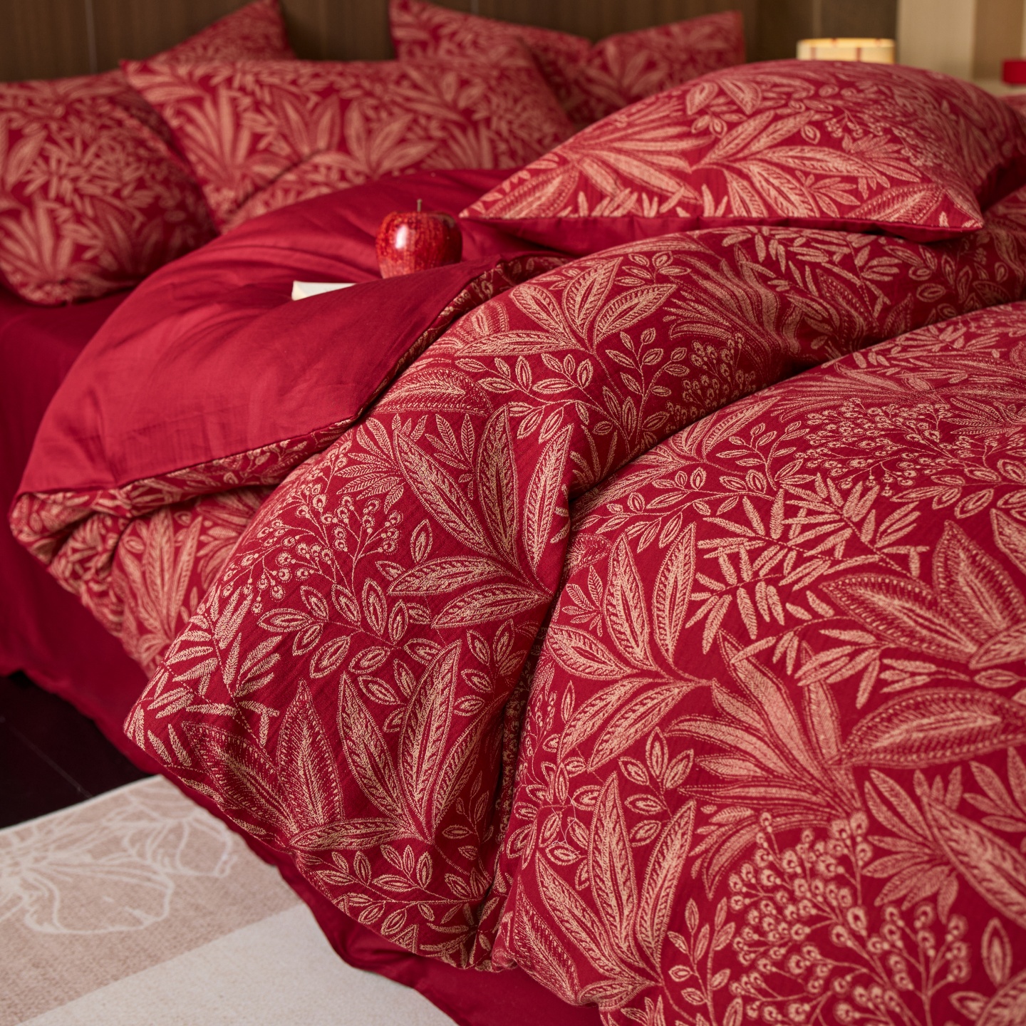 红花车全棉色织提花婚庆四件套结婚铺床红色喜庆被套床单床上用品