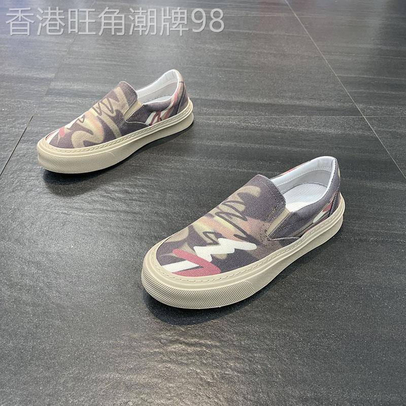 男鞋2026夏季新款透气一脚蹬印花帆布鞋春秋百搭厚底休闲乐福鞋潮