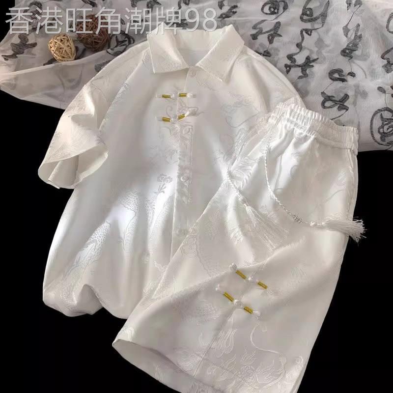 新中式冰丝短袖衬衫套装 男士国风龙纹夏季两件套男装休闲款