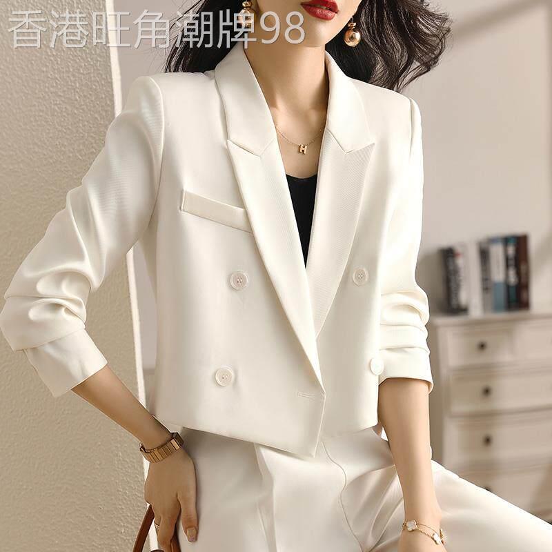 韩国白色短款西装套装女春秋高级感气质休闲西服阔腿裤职业两件套