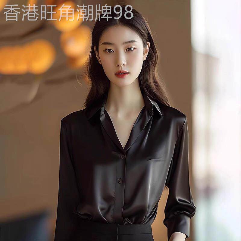 法式缎面黑色长袖衬衫女2025新款早秋高级感轻奢衬衣气质宽松上衣