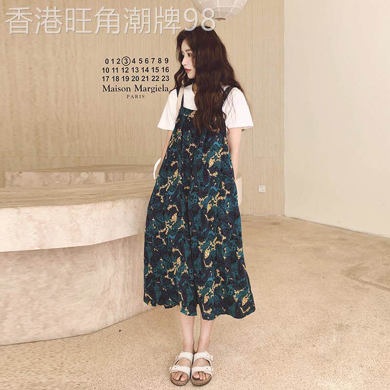 绿色复古印花吊带连衣裙女夏季2025新款轻熟风高级感T恤裙子套装