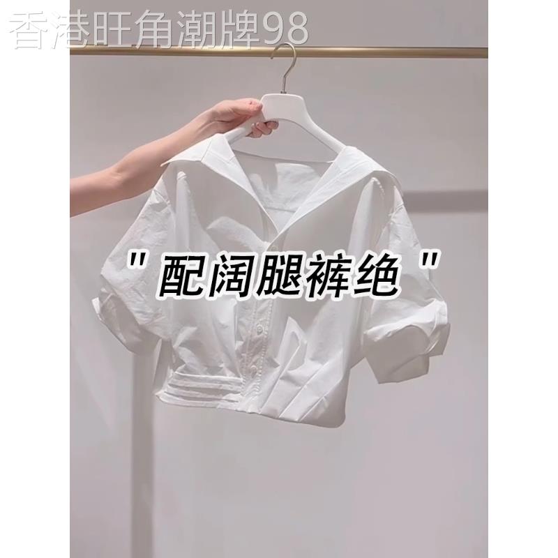 白色翻领泡泡袖t衬衫女2026新款夏薄款轻奢高级感短款短袖衬衫上