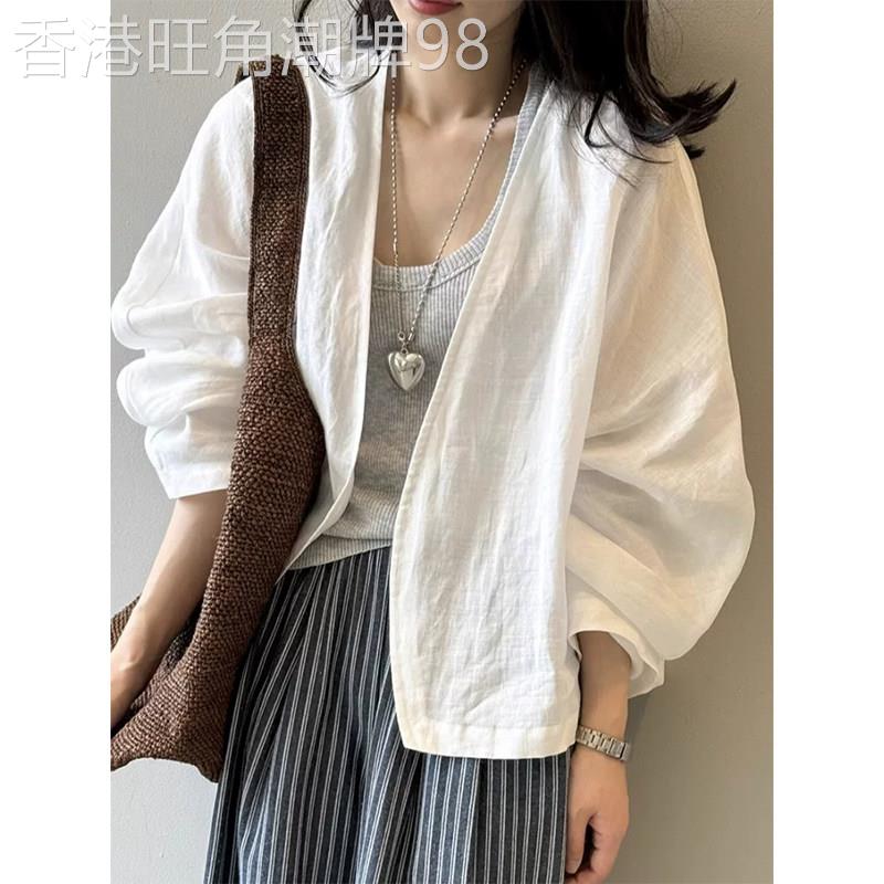 白色文艺复古苧麻开衫外套女夏季欧货长袖衬衫宽松百搭高级感上衣