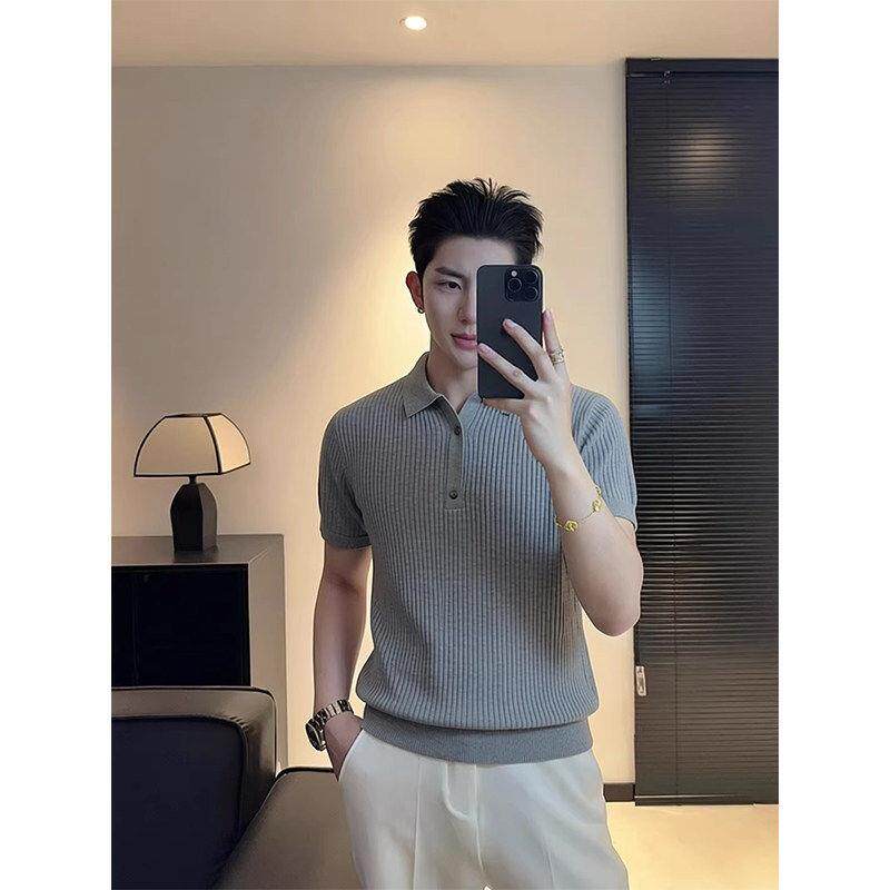 潮牌商务休闲浅灰色修身短袖Polo衫男士夏季条纹收腰半袖针织T恤
