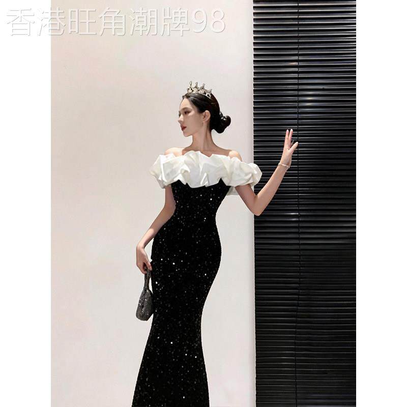 黑色一字肩亮片丝绒连衣裙女春秋欧货法式收腰显瘦长裙气质礼服裙
