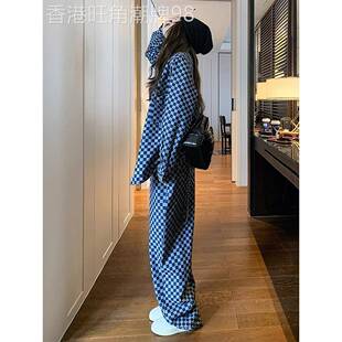 时尚品牌今年流行格纹牛仔套装时尚套装女式春秋季新款高端阔腿裤
