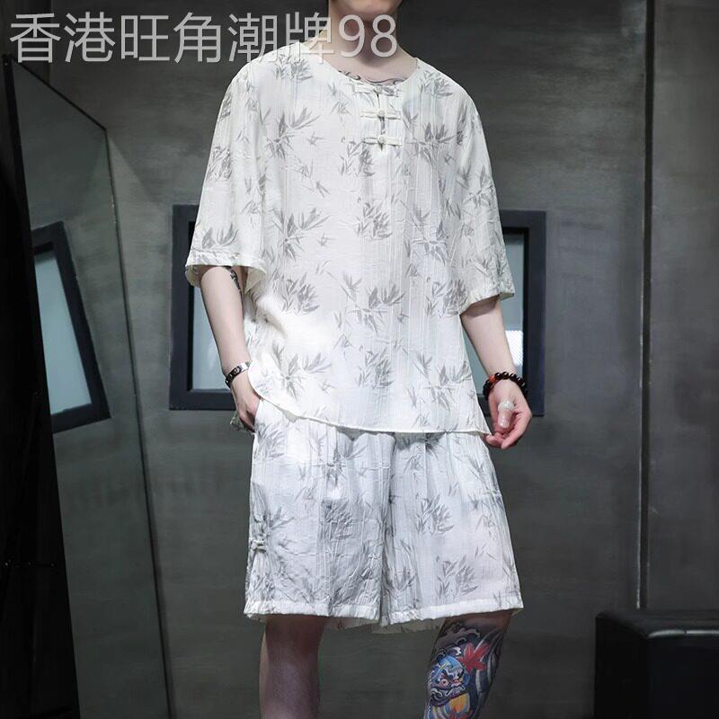 高端中国风唐装衬衫短裤两件套夏季男薄款冰丝短袖套装新中式t恤