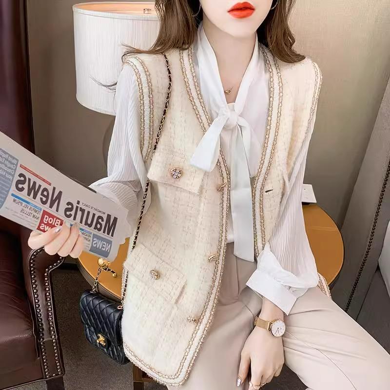 2025春秋新款小香风马甲背心外套女洋气外穿无袖马褂粗花毛呢马夹