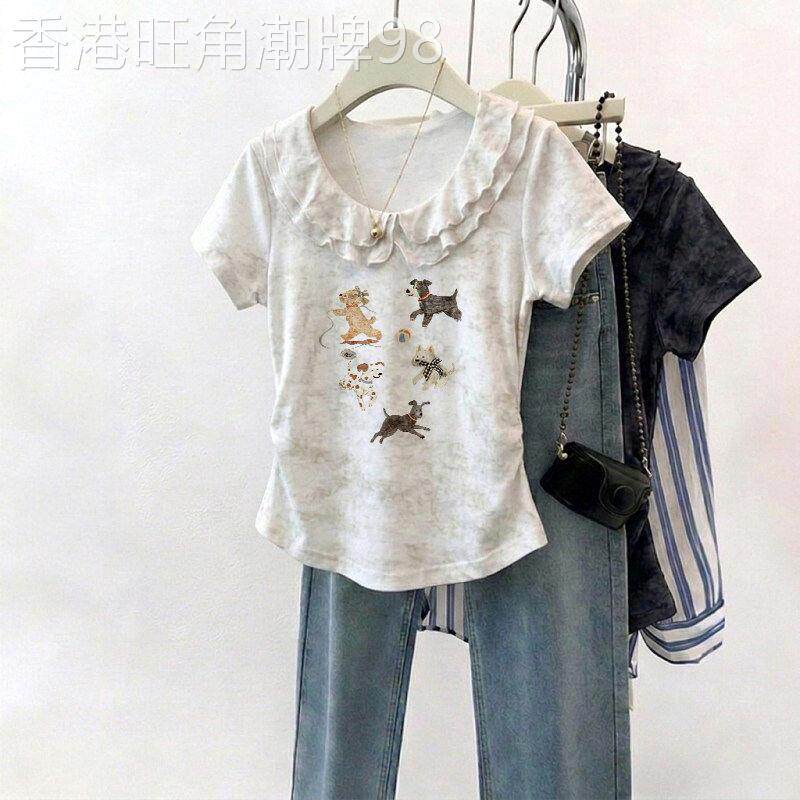 正肩白色扎染卡通小狗印花V领短袖T恤女夏季荷叶边气质绝美小上衣
