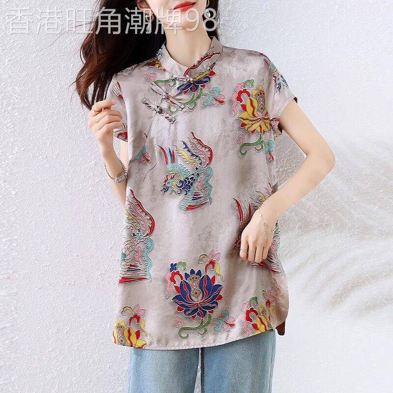 潮牌新中式国风印花短袖衬衫女夏季时尚中长款改良旗袍复古上衣服