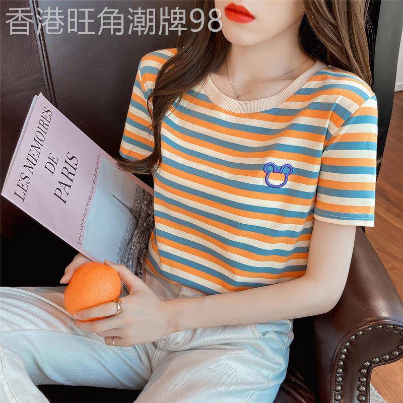 棉质条纹T恤女短袖夏季新款刺绣洋派小衫宽松显瘦正肩圆领T恤ins