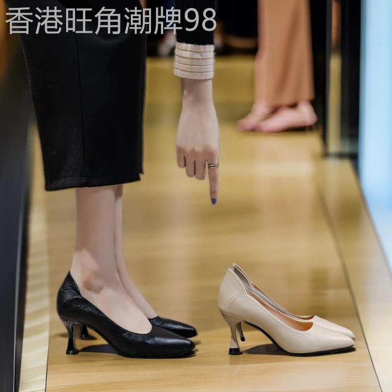 法式舒适细跟高跟鞋女2025夏季新款黑色百搭配裙子职业尖头工作鞋