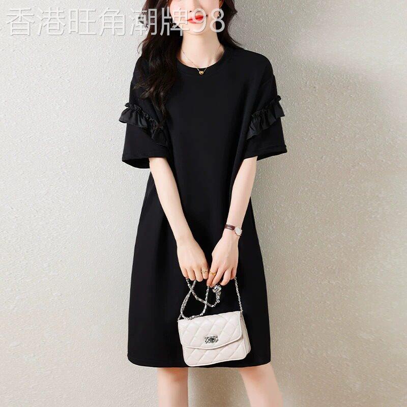 木耳边法式赫本小黑裙大码女装短袖T恤裙子女夏季高端精致连衣裙