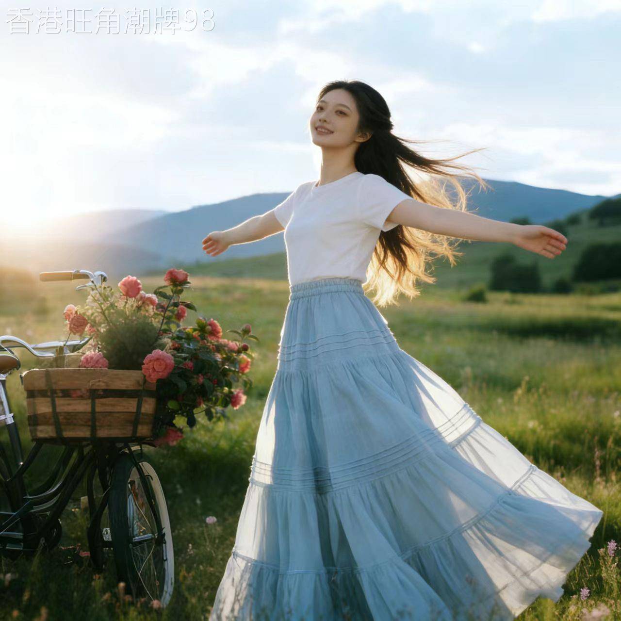 春夏亚麻休闲宽松型度假风浅蓝色蛋糕裙女高腰A型长裙大摆半身裙