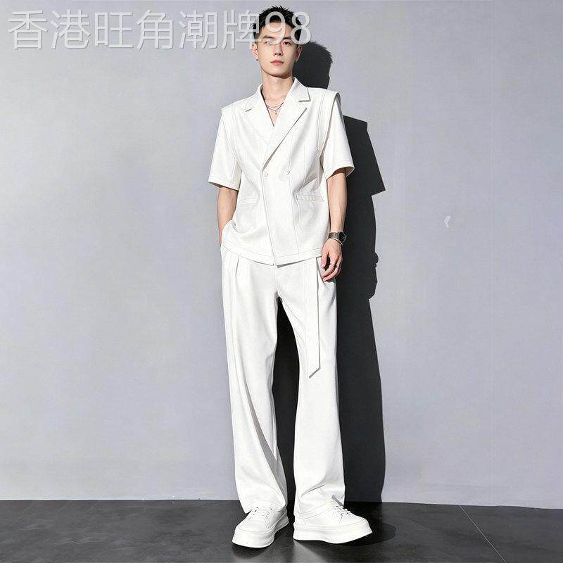 轻奢男士痞帅垂感短袖西服套装夏季薄款中袖休闲宽松西装两件套潮