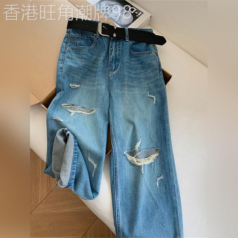 潮牌破洞窄版直筒软牛仔裤女夏薄款2026新款宽松小个子八分阔腿裤