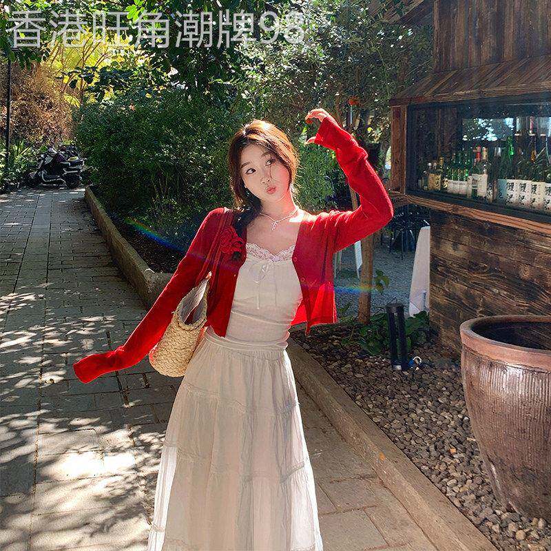 红色开衫薄款女配吊带裙的小外搭罩衫2026新款夏针织外套防晒上衣