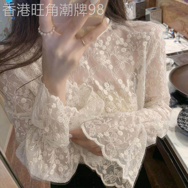 白色半高领蕾丝衫女春秋欧货法式温柔风喇叭袖网纱内搭打底衫上衣