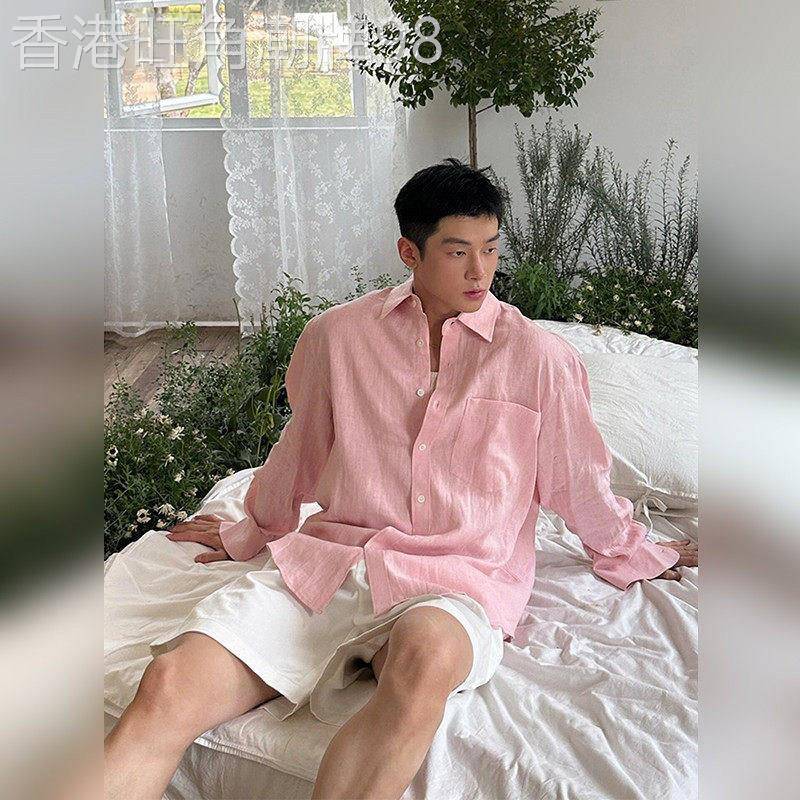 GP极简~粉色棉麻长袖衬衫男士夏季轻薄透气防晒衬衣亚麻休闲外套