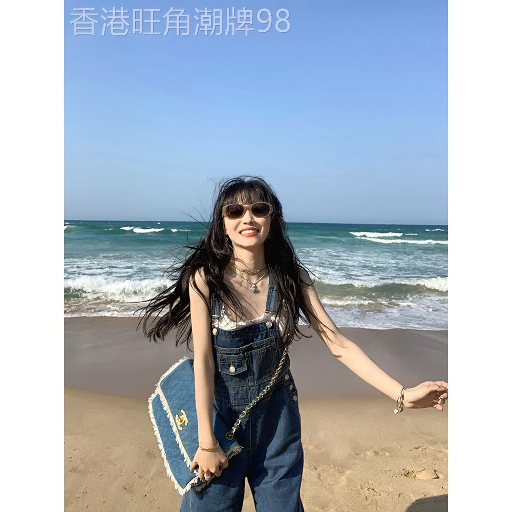 潮牌高腰减龄牛仔背带裤女春夏2025新款小个子宽松直筒韩版连体裤