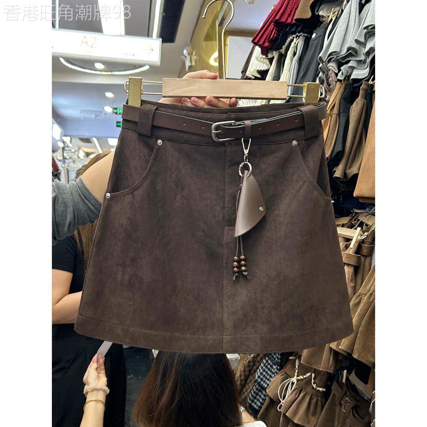 复古棕色仿麂皮绒半身裙女秋冬2026新款高腰A字显瘦大码包臀短裙