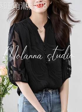 Molanna短袖雪纺衫女夏季新款蕾丝镂空设计感小众V领女士衬衣上衣