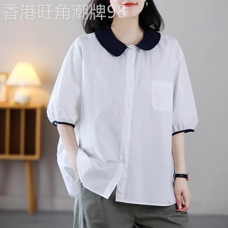 短袖衬衫女士夏季薄款2026新款宽松大尺码设计感小众娃娃领衬衫上