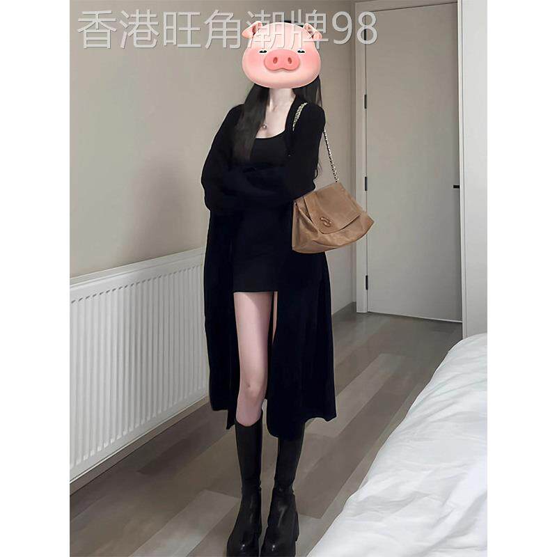 黑色毛衣外套女春秋欧货慵懒风覆古中长款设计感软糯针织开衫上衣
