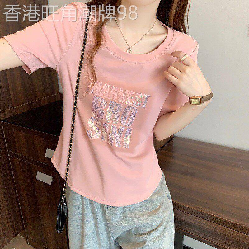大码女装夏季正肩字母亮闪闪短袖T恤微胖mm遮肚显瘦半袖欧货上衣