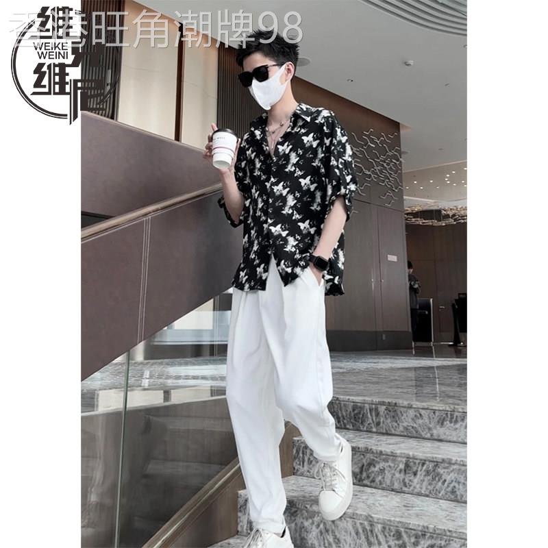 冰丝蝴蝶印花衬衫男士夏季新款美式潮牌休闲帅气高级感短袖衬衫男