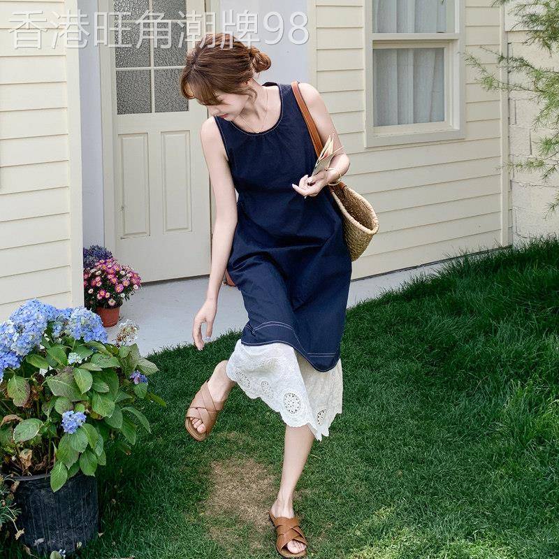 深蓝色蕾丝拼接薄款牛仔无袖洋装女2026夏季新款复古显瘦背心裙