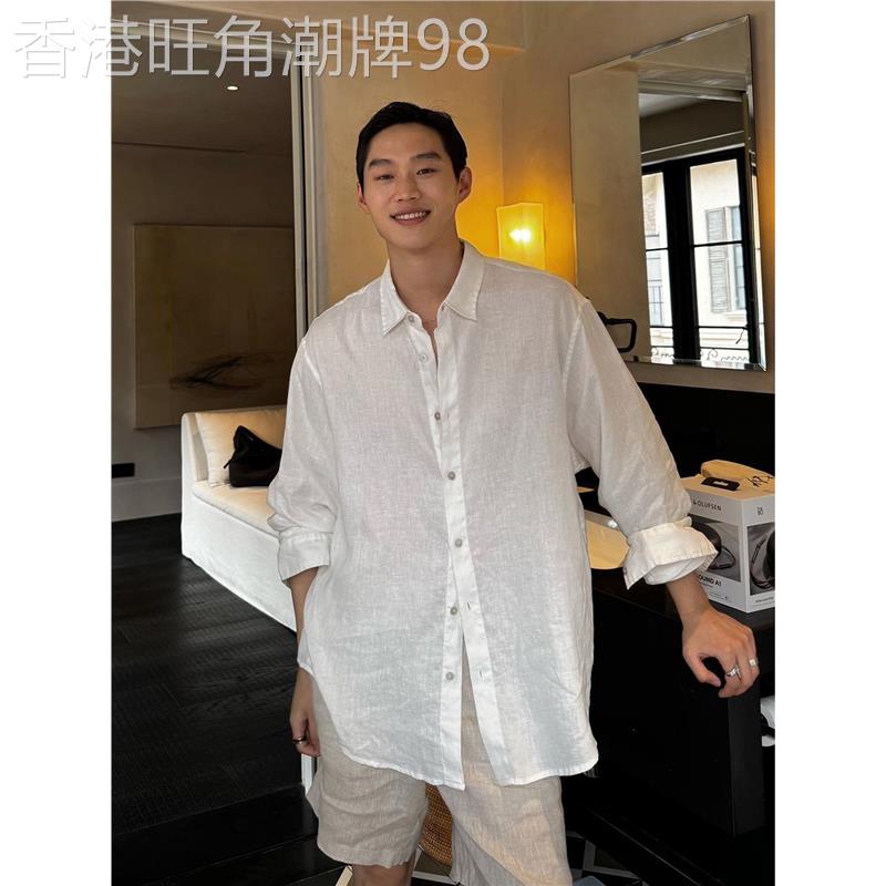 潮牌老钱风白色亚麻轻薄舒适长袖衬衫男款夏季松弛感防晒冰丝外套